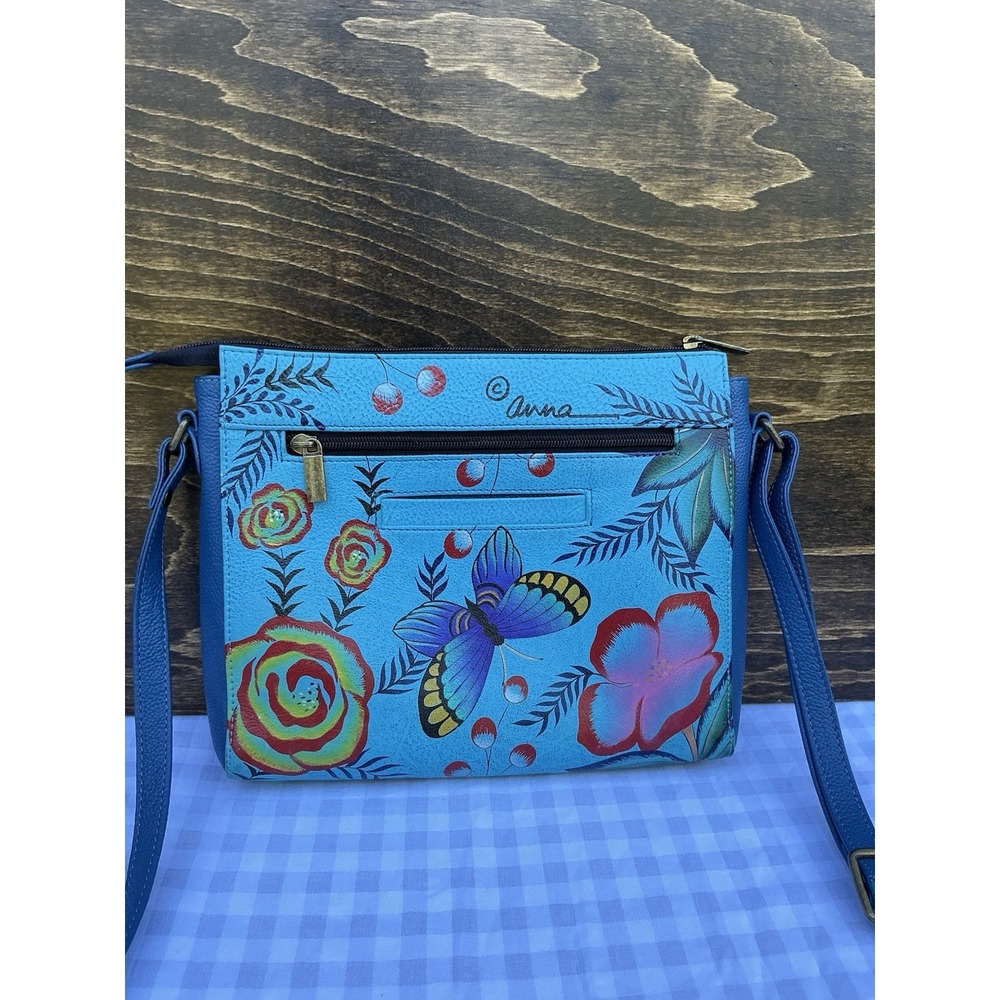Anna Anuschka Hand Painted Leather Crossbody Bag Butterfly Garden Floral - Picture 3 of 11